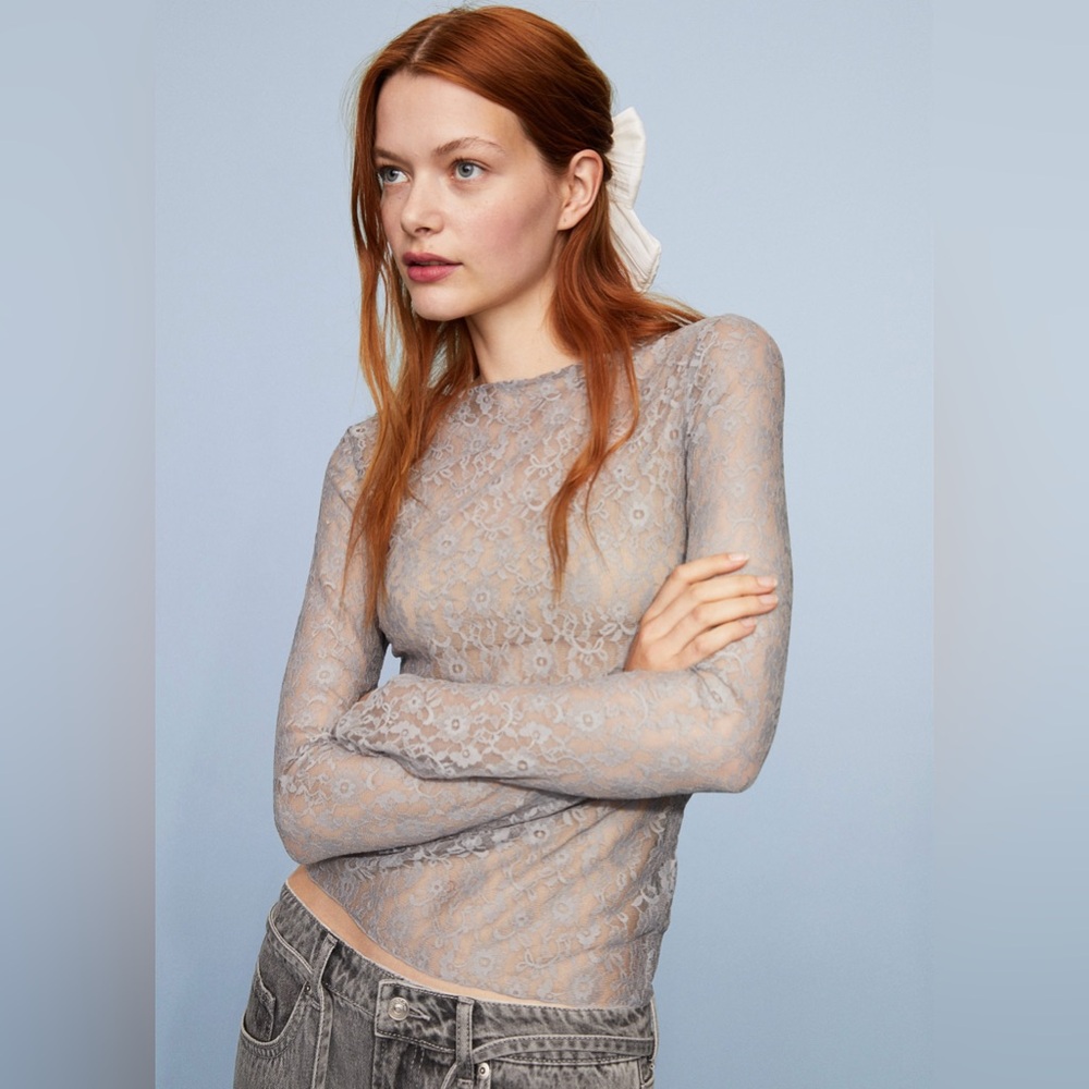 H&M Sheer Lace Long Sleeve Top - Light Gray Sz Small New With Tags